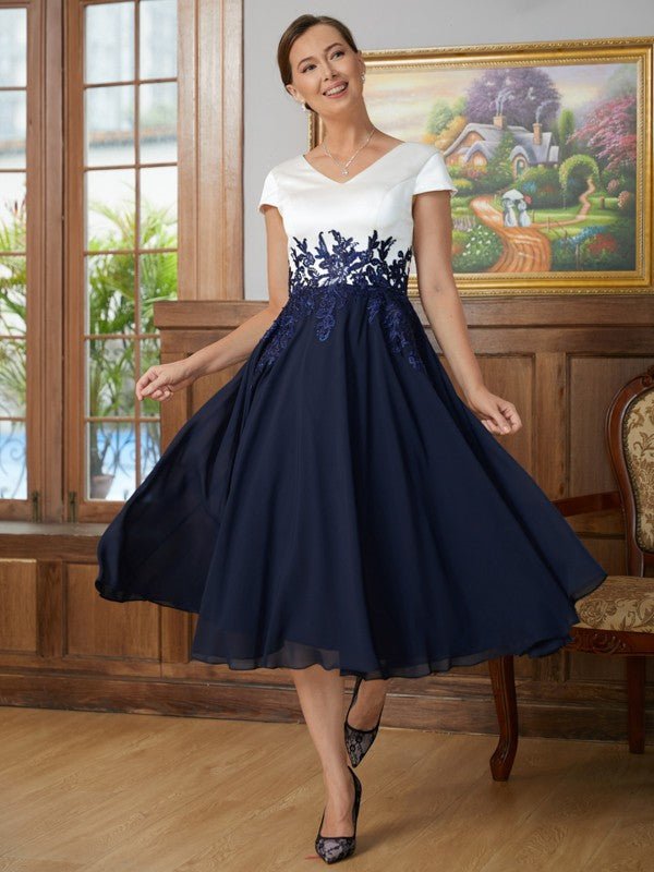 NumberSea - A - Line/Princess Chiffon Applique V - neck Short Sleeves Tea - Length Mother of the Bride Dresses