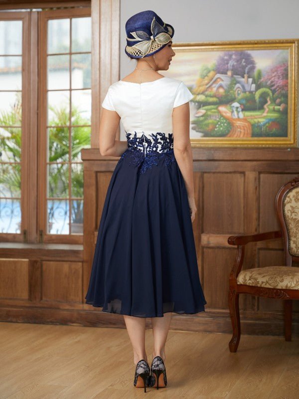 NumberSea - A - Line/Princess Chiffon Applique V - neck Short Sleeves Tea - Length Mother of the Bride Dresses