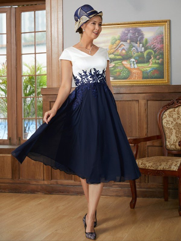 NumberSea - A - Line/Princess Chiffon Applique V - neck Short Sleeves Tea - Length Mother of the Bride Dresses