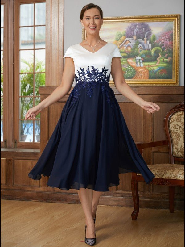 NumberSea - A - Line/Princess Chiffon Applique V - neck Short Sleeves Tea - Length Mother of the Bride Dresses