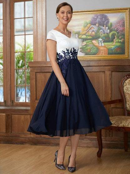 NumberSea - A - Line/Princess Chiffon Applique V - neck Short Sleeves Tea - Length Mother of the Bride Dresses