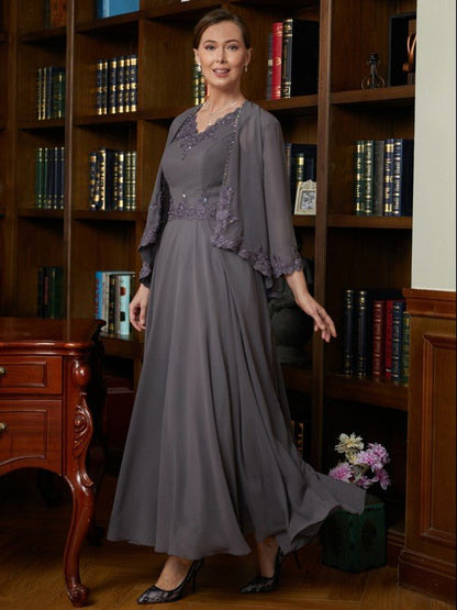 NumberSea - A - Line/Princess Chiffon Applique V - neck Sleeveless Ankle - Length Mother of the Bride Dresses