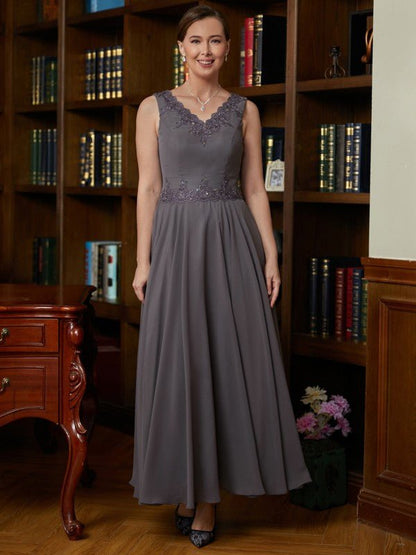 NumberSea - A - Line/Princess Chiffon Applique V - neck Sleeveless Ankle - Length Mother of the Bride Dresses