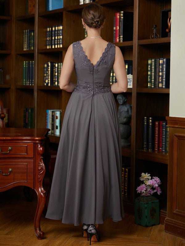 NumberSea - A - Line/Princess Chiffon Applique V - neck Sleeveless Ankle - Length Mother of the Bride Dresses