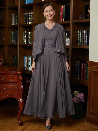 NumberSea - A - Line/Princess Chiffon Applique V - neck Sleeveless Ankle - Length Mother of the Bride Dresses