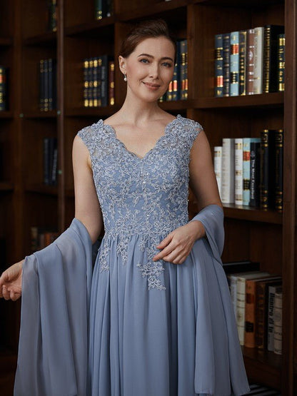 NumberSea - A - Line/Princess Chiffon Applique V - neck Sleeveless Floor - Length Mother of the Bride Dresses