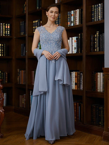 NumberSea - A - Line/Princess Chiffon Applique V - neck Sleeveless Floor - Length Mother of the Bride Dresses