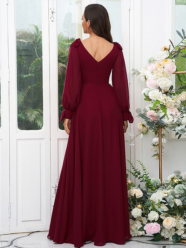 NumberSea - A - Line/Princess Chiffon Bowknot V - neck Long Sleeves Floor - Length Bridesmaid Dresses