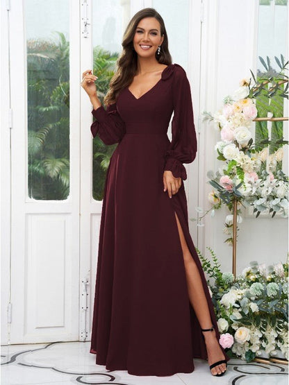 NumberSea - A - Line/Princess Chiffon Bowknot V - neck Long Sleeves Floor - Length Bridesmaid Dresses