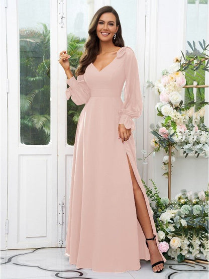 NumberSea - A - Line/Princess Chiffon Bowknot V - neck Long Sleeves Floor - Length Bridesmaid Dresses