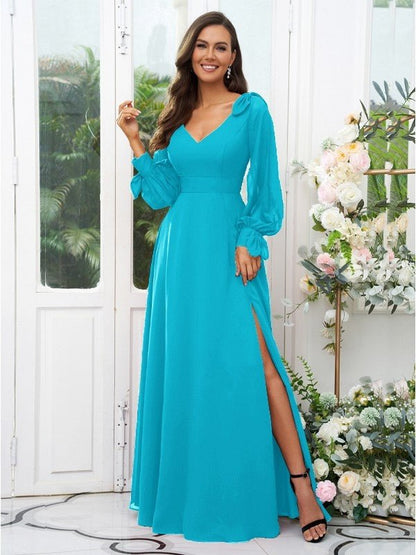 NumberSea - A - Line/Princess Chiffon Bowknot V - neck Long Sleeves Floor - Length Bridesmaid Dresses