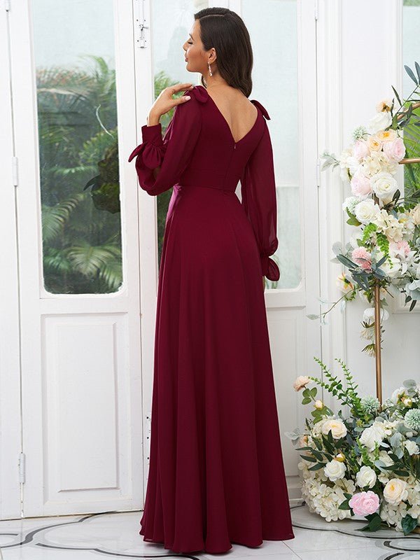 NumberSea - A - Line/Princess Chiffon Bowknot V - neck Long Sleeves Floor - Length Bridesmaid Dresses