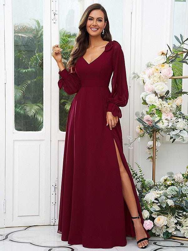 NumberSea - A - Line/Princess Chiffon Bowknot V - neck Long Sleeves Floor - Length Bridesmaid Dresses