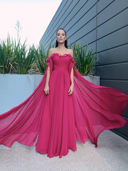 NumberSea - A - Line/Princess Chiffon Floor - Length Long Sleeves Ruffles Off - the - Shoulder Dresses