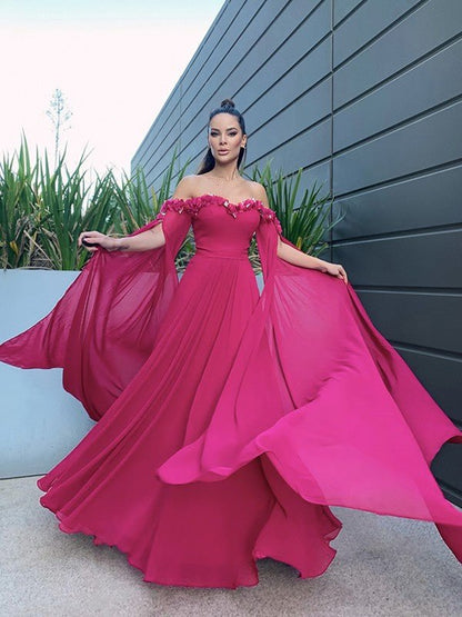 NumberSea - A - Line/Princess Chiffon Floor - Length Long Sleeves Ruffles Off - the - Shoulder Dresses