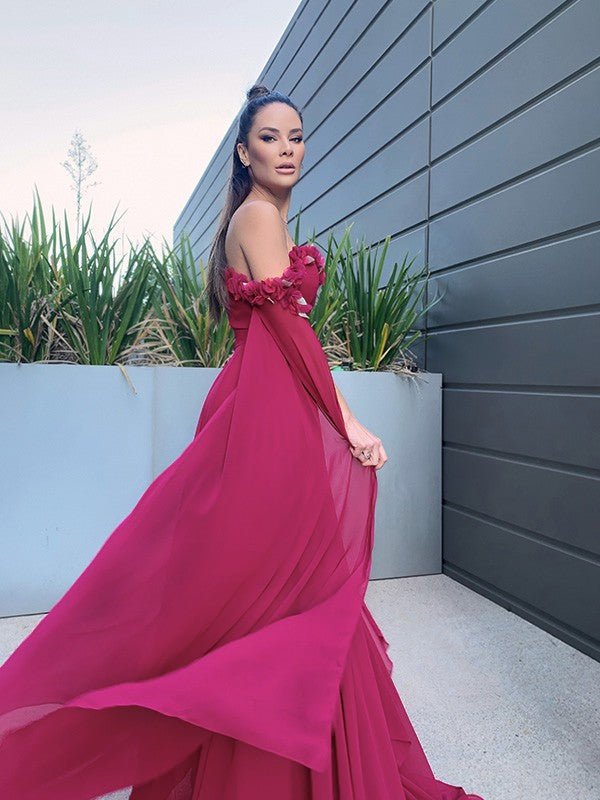 NumberSea - A - Line/Princess Chiffon Floor - Length Long Sleeves Ruffles Off - the - Shoulder Dresses