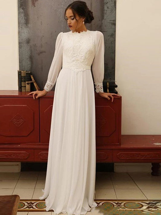 NumberSea - A - Line/Princess Chiffon Lace Jewel Long Sleeves Floor - Length Wedding Dresses