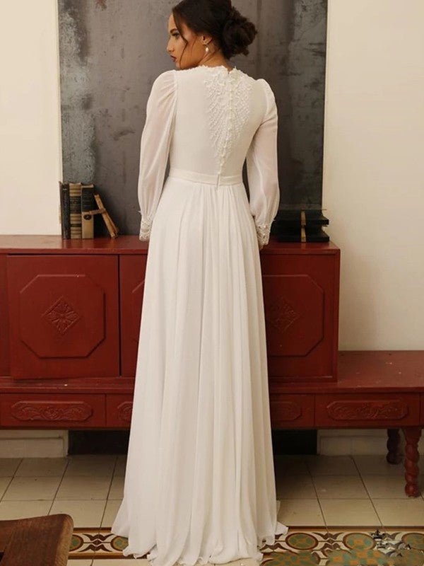 NumberSea - A - Line/Princess Chiffon Lace Jewel Long Sleeves Floor - Length Wedding Dresses