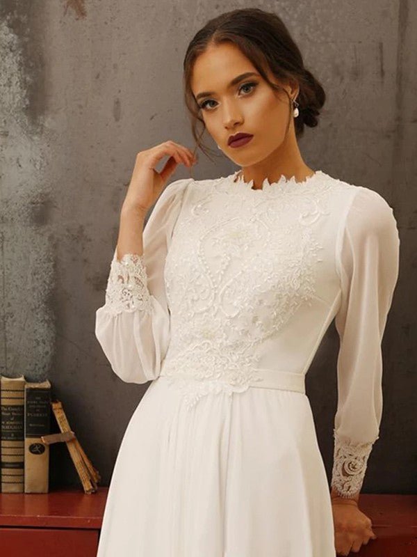 NumberSea - A - Line/Princess Chiffon Lace Jewel Long Sleeves Floor - Length Wedding Dresses