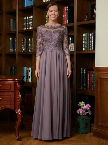 NumberSea - A - Line/Princess Chiffon Lace Scoop 3/4 Sleeves Floor - Length Mother of the Bride Dresses