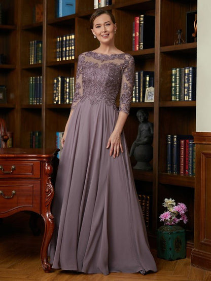 NumberSea - A - Line/Princess Chiffon Lace Scoop 3/4 Sleeves Floor - Length Mother of the Bride Dresses