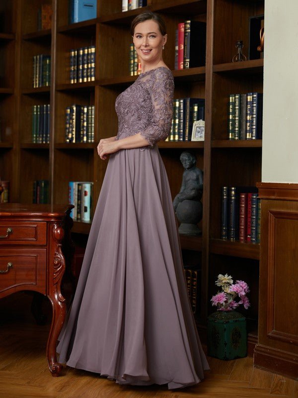 NumberSea - A - Line/Princess Chiffon Lace Scoop 3/4 Sleeves Floor - Length Mother of the Bride Dresses