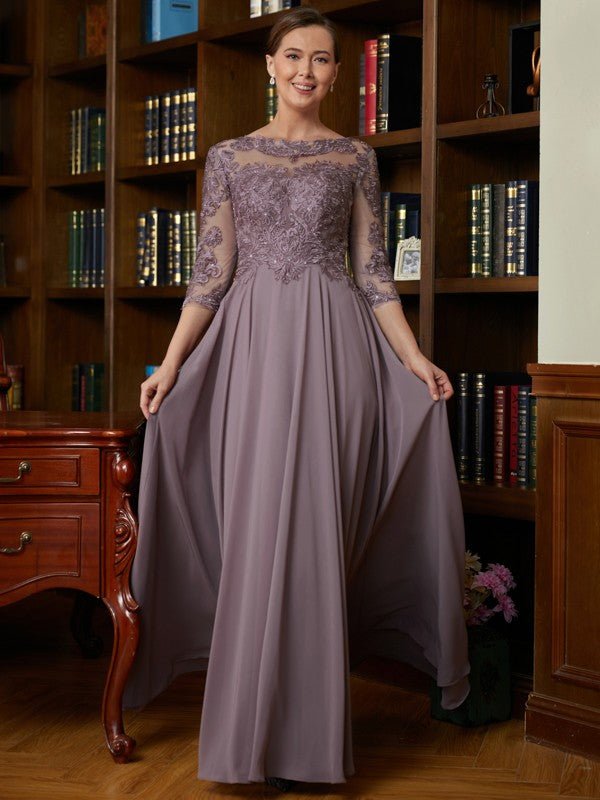 NumberSea - A - Line/Princess Chiffon Lace Scoop 3/4 Sleeves Floor - Length Mother of the Bride Dresses