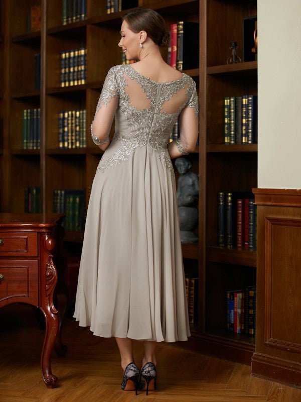 NumberSea - A - Line/Princess Chiffon Lace Scoop 3/4 Sleeves Tea - Length Mother of the Bride Dresses