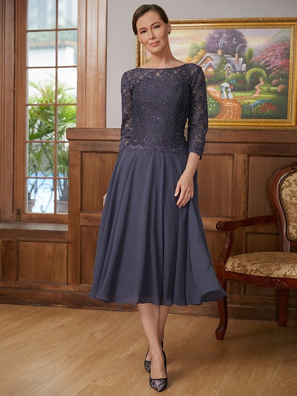 NumberSea - A - Line/Princess Chiffon Lace Scoop 3/4 Sleeves Tea - Length Mother of the Bride Dresses