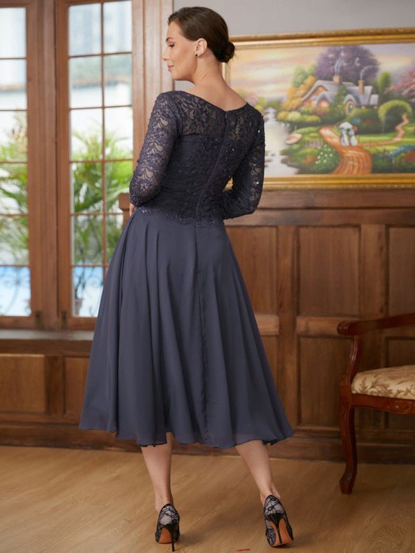 NumberSea - A - Line/Princess Chiffon Lace Scoop 3/4 Sleeves Tea - Length Mother of the Bride Dresses