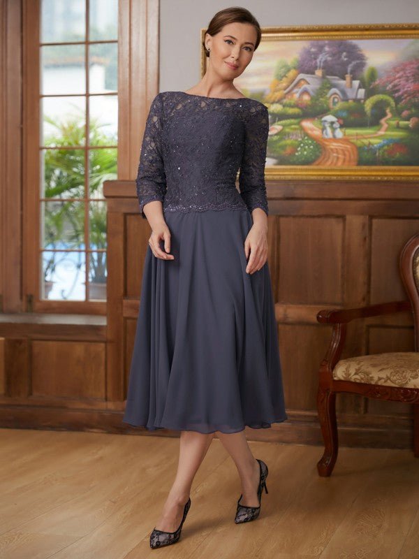 NumberSea - A - Line/Princess Chiffon Lace Scoop 3/4 Sleeves Tea - Length Mother of the Bride Dresses