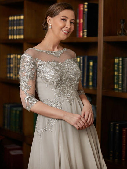 NumberSea - A - Line/Princess Chiffon Lace Scoop 3/4 Sleeves Tea - Length Mother of the Bride Dresses