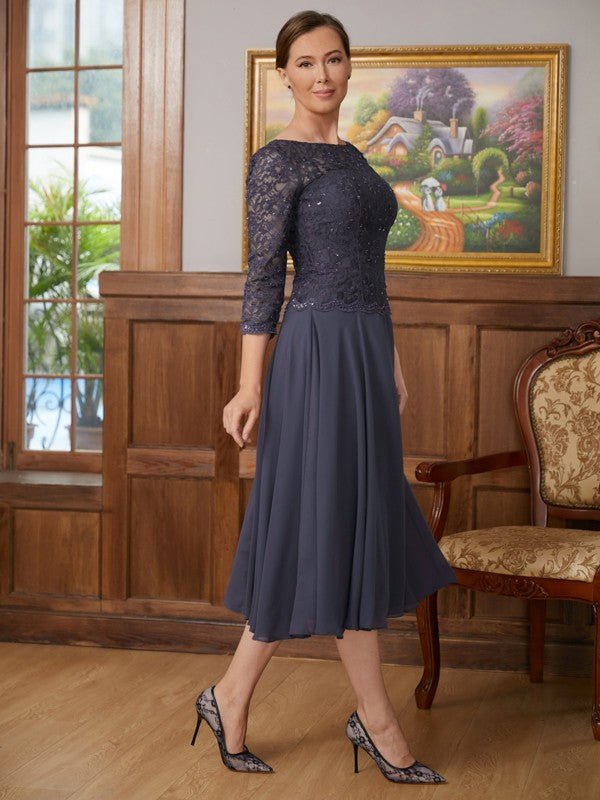 NumberSea - A - Line/Princess Chiffon Lace Scoop 3/4 Sleeves Tea - Length Mother of the Bride Dresses