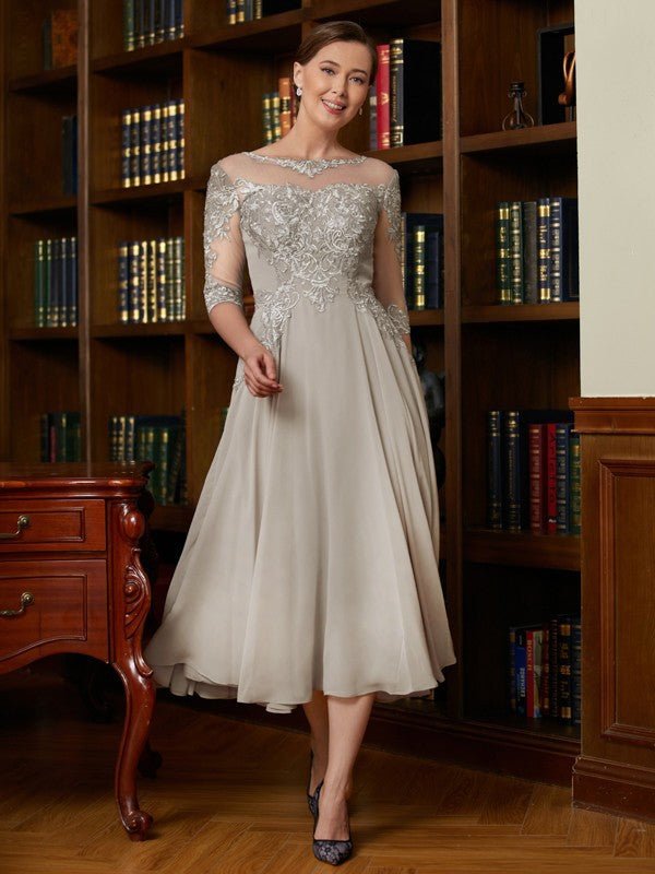 NumberSea - A - Line/Princess Chiffon Lace Scoop 3/4 Sleeves Tea - Length Mother of the Bride Dresses