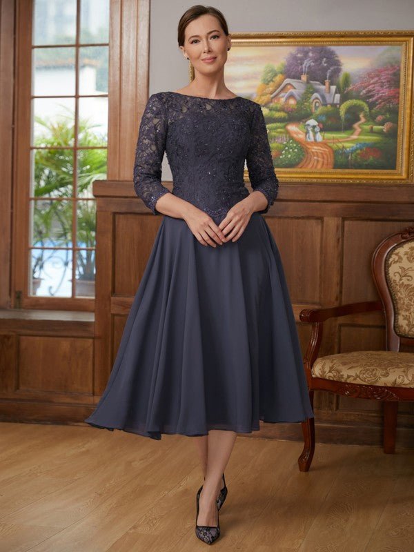 NumberSea - A - Line/Princess Chiffon Lace Scoop 3/4 Sleeves Tea - Length Mother of the Bride Dresses