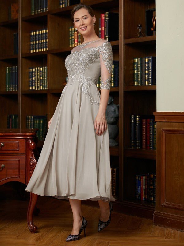 NumberSea - A - Line/Princess Chiffon Lace Scoop 3/4 Sleeves Tea - Length Mother of the Bride Dresses