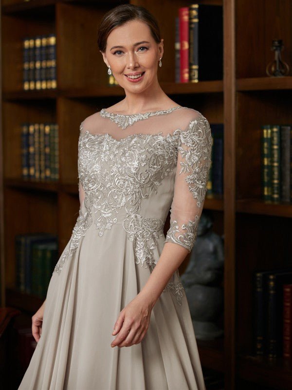 NumberSea - A - Line/Princess Chiffon Lace Scoop 3/4 Sleeves Tea - Length Mother of the Bride Dresses