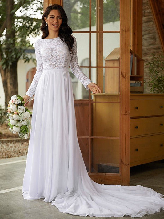 NumberSea - A - Line/Princess Chiffon Lace Scoop Long Sleeves Cathedral Train Wedding Dresses