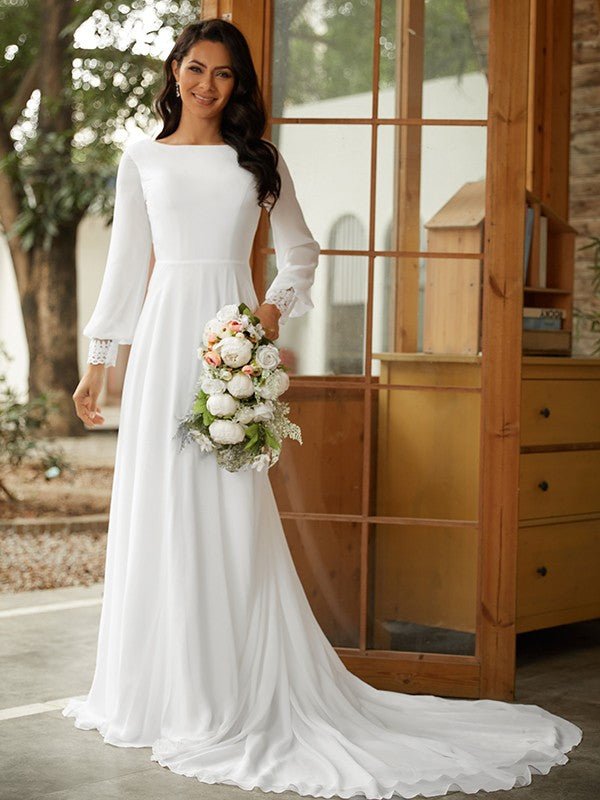 NumberSea - A - Line/Princess Chiffon Lace Scoop Long Sleeves Court Train Wedding Dresses