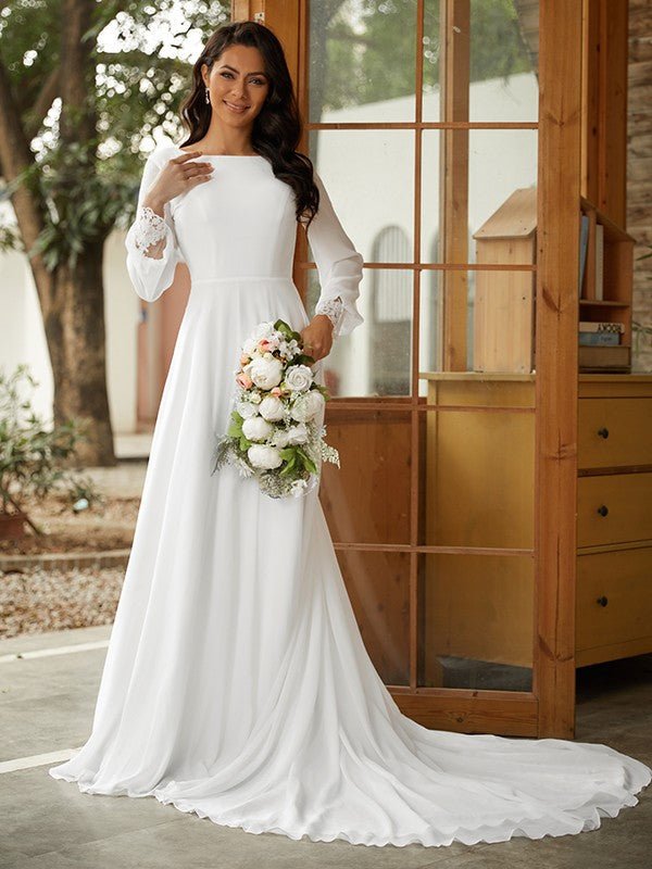 NumberSea - A - Line/Princess Chiffon Lace Scoop Long Sleeves Court Train Wedding Dresses