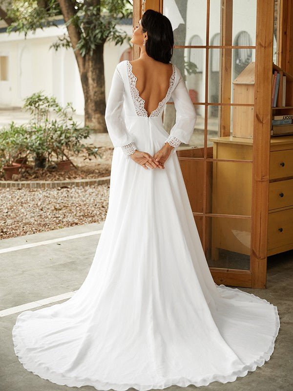 NumberSea - A - Line/Princess Chiffon Lace Scoop Long Sleeves Court Train Wedding Dresses