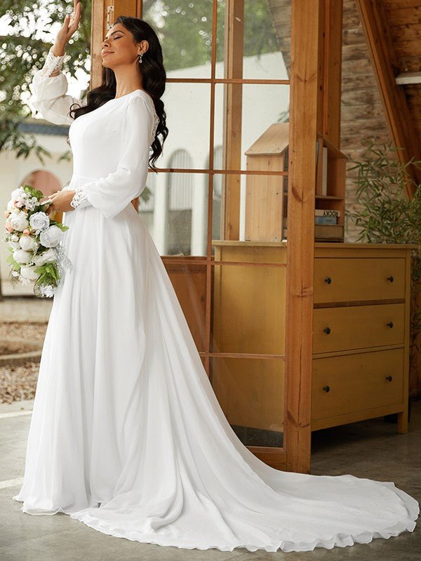 NumberSea - A - Line/Princess Chiffon Lace Scoop Long Sleeves Court Train Wedding Dresses