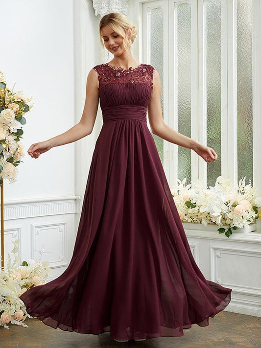 NumberSea - A - Line/Princess Chiffon Lace Scoop Sleeveless Floor - Length Bridesmaid Dresses