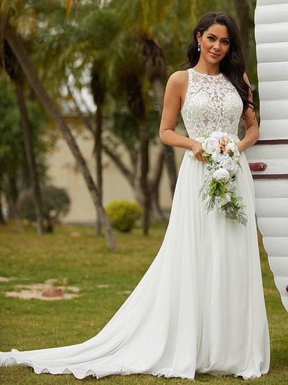 NumberSea - A - Line/Princess Chiffon Lace Scoop Sleeveless Sweep/Brush Train Wedding Dresses