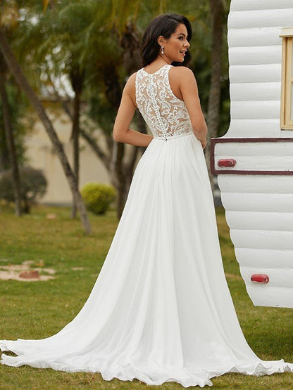 NumberSea - A - Line/Princess Chiffon Lace Scoop Sleeveless Sweep/Brush Train Wedding Dresses