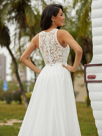 NumberSea - A - Line/Princess Chiffon Lace Scoop Sleeveless Sweep/Brush Train Wedding Dresses