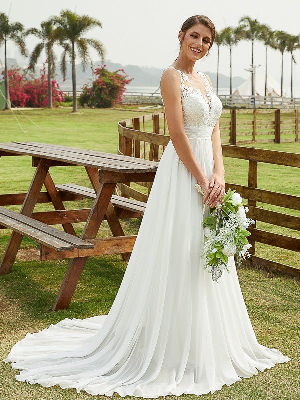 NumberSea - A - Line/Princess Chiffon Lace Scoop Sleeveless Sweep/Brush Train Wedding Dresses