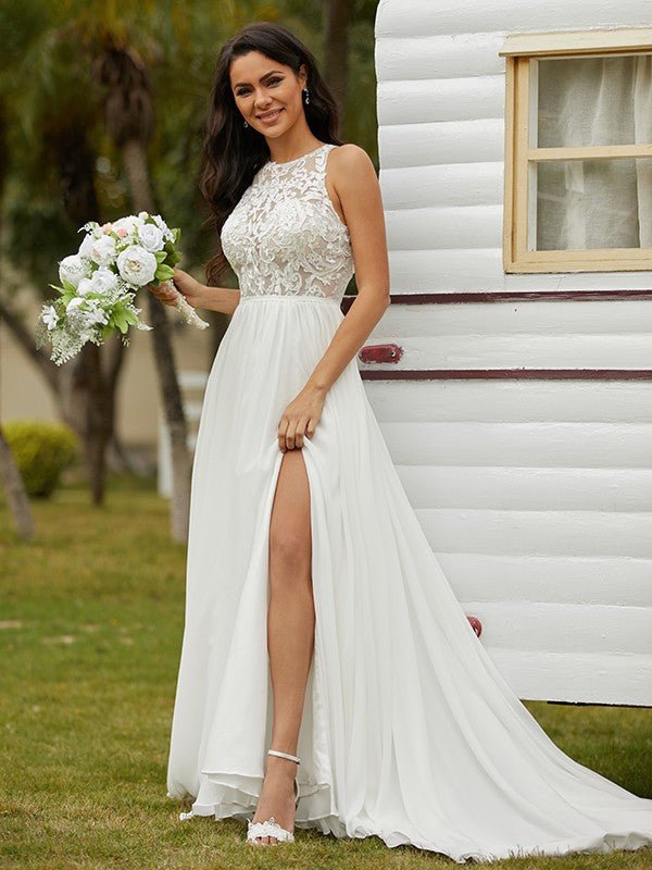 NumberSea - A - Line/Princess Chiffon Lace Scoop Sleeveless Sweep/Brush Train Wedding Dresses