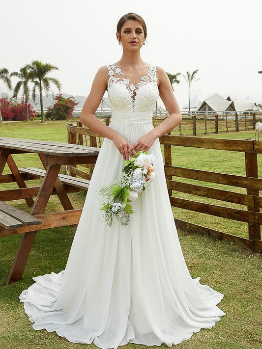 NumberSea - A - Line/Princess Chiffon Lace Scoop Sleeveless Sweep/Brush Train Wedding Dresses