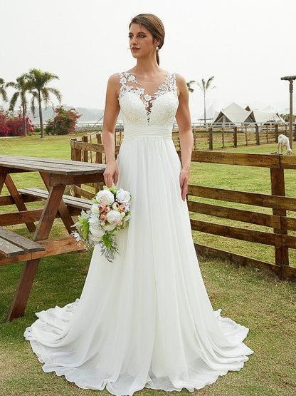 NumberSea - A - Line/Princess Chiffon Lace Scoop Sleeveless Sweep/Brush Train Wedding Dresses